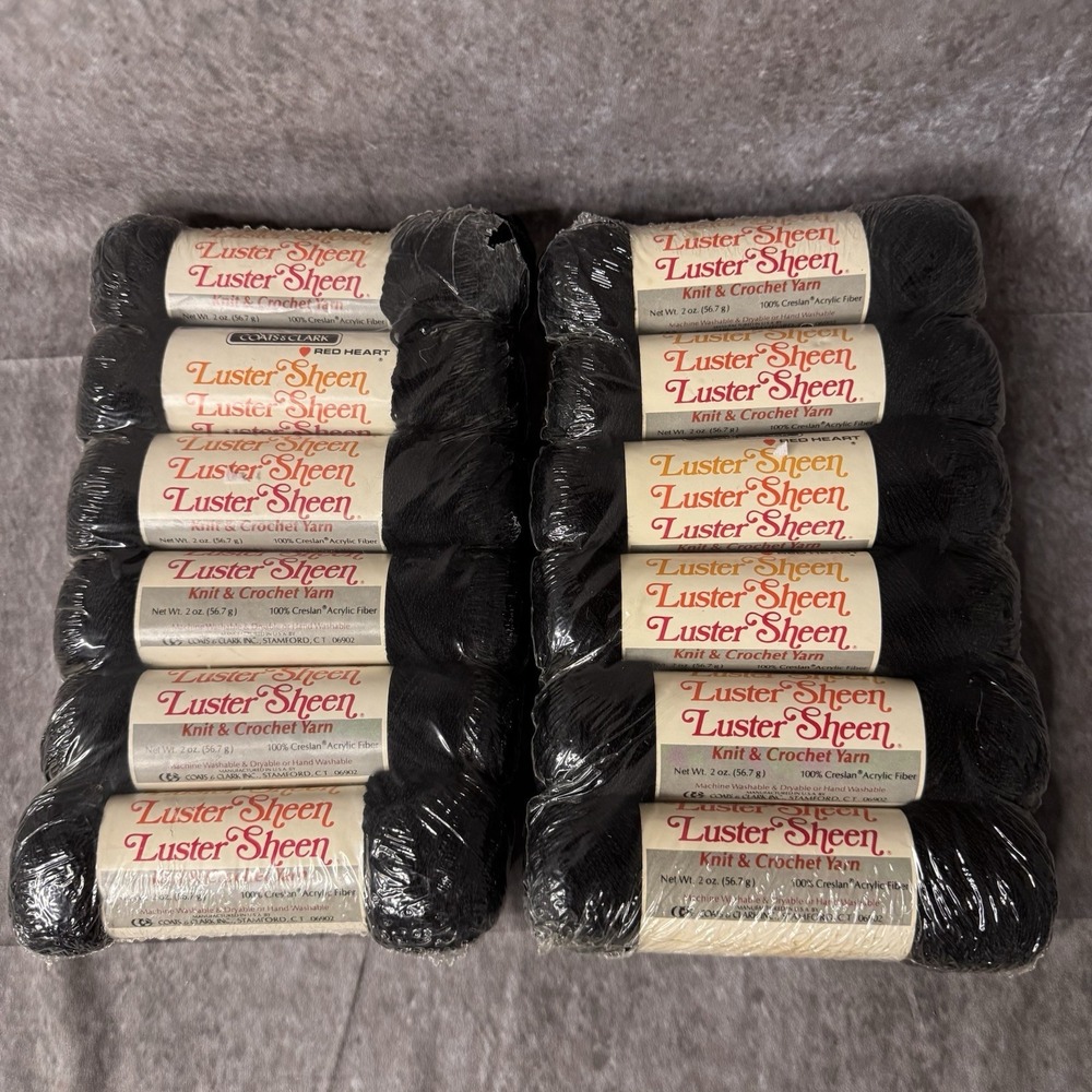 12 Skeins Vintage Red Heart Luster Sheen Knit & Crochet Acrylic Fiber Black 2oz